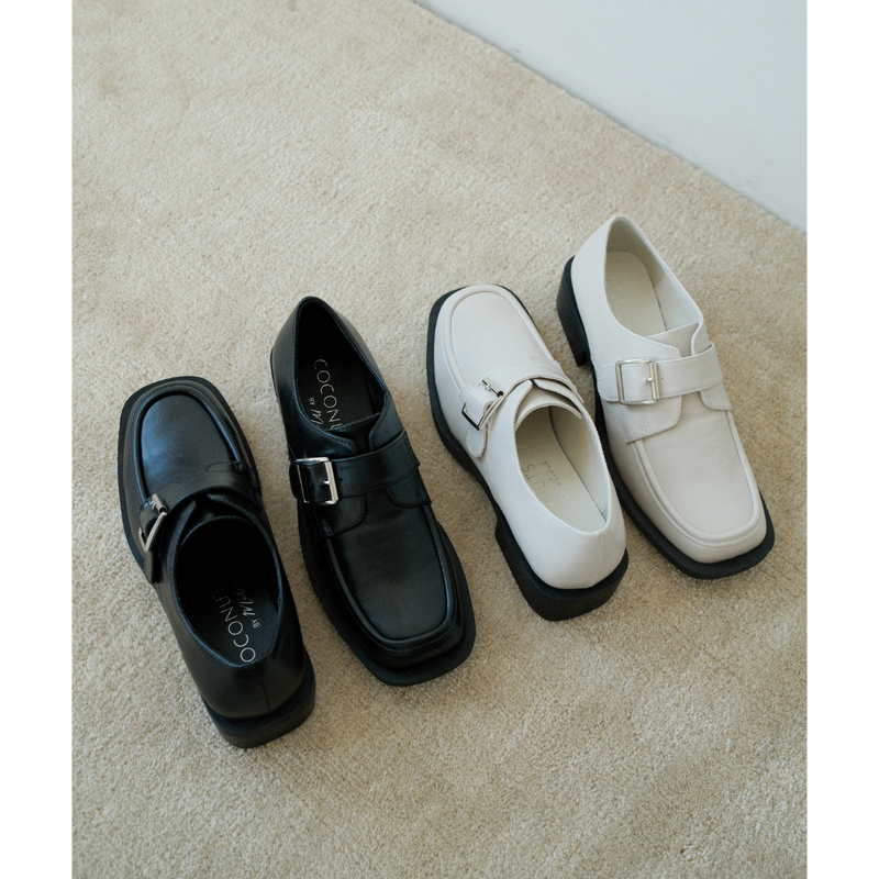 Hilary Loafer – Coconuts by Matisse – White faux leather loafer with oversized buckle and low block heel.