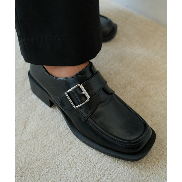 Hilary Loafer – Coconuts by Matisse – Black faux leather loafer with oversized buckle and low block heel.