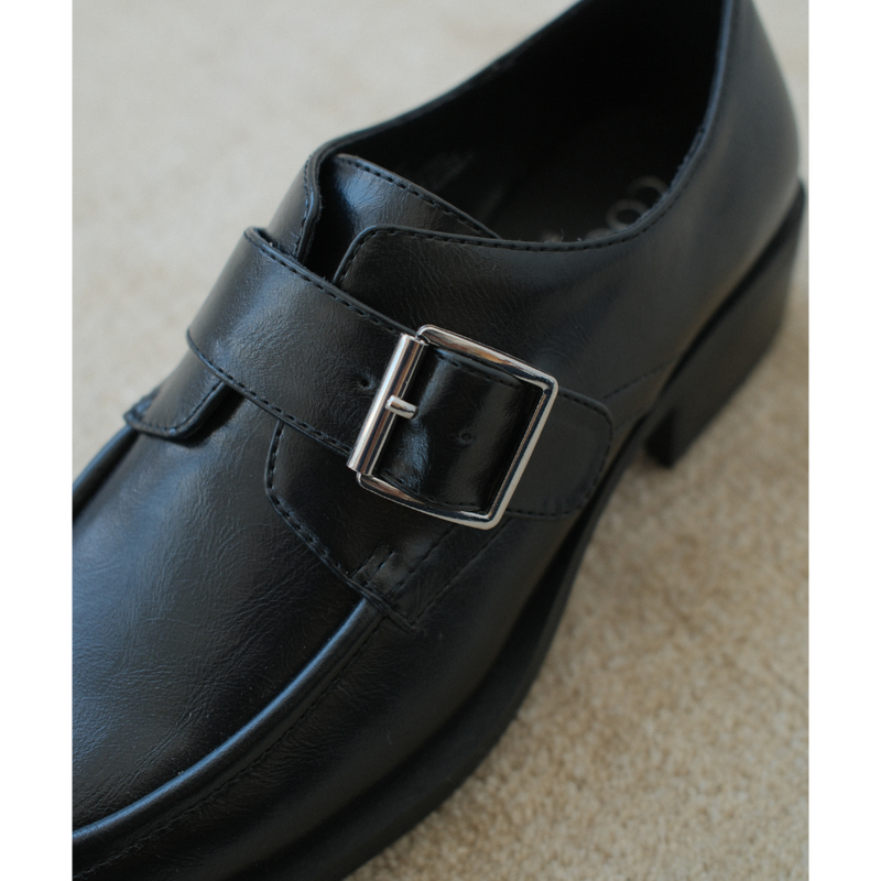 Hilary Loafer – Coconuts by Matisse – Black faux leather loafer with oversized buckle and low block heel.
