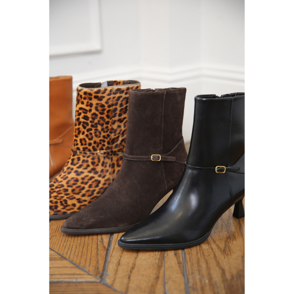 Ilana Ankle Boot – Matisse Footwear – Black pointed-toe ankle boot with kitten heel and delicate wraparound buckle strap.