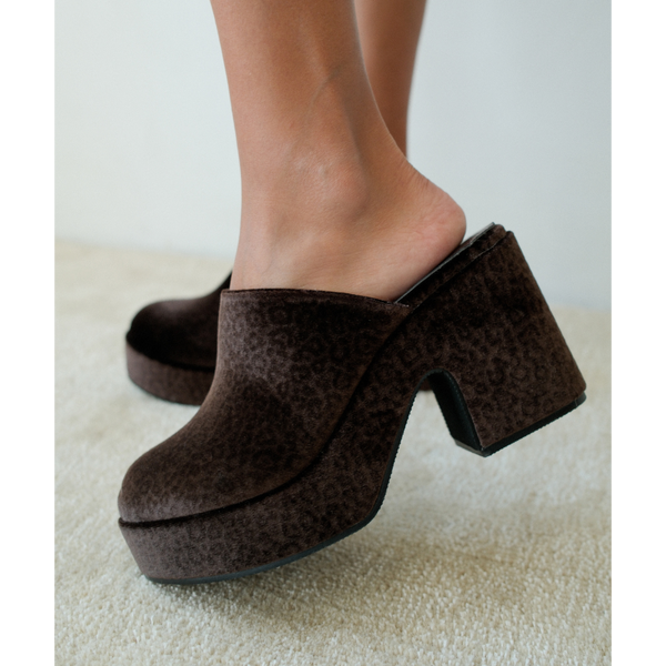 Jayde Vegan Platform Mule – Beach by Matisse – Dark brown leopard print slip-on mule with chunky block heel and curved platform sole.