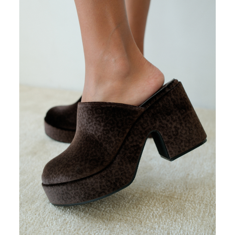Jayde Vegan Platform Mule – Beach by Matisse – Dark brown leopard print slip-on mule with chunky block heel and curved platform sole.