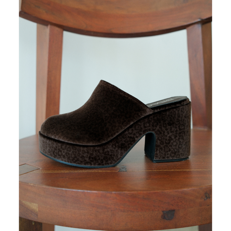Jayde Vegan Platform Mule – Beach by Matisse – Dark brown leopard print slip-on mule with chunky block heel and curved platform sole.