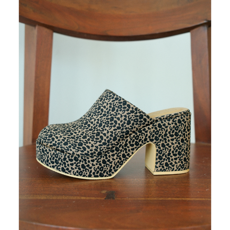 Jayde Vegan Platform Mule – Beach by Matisse – Leopard print slip-on mule with chunky block heel and curved platform sole.