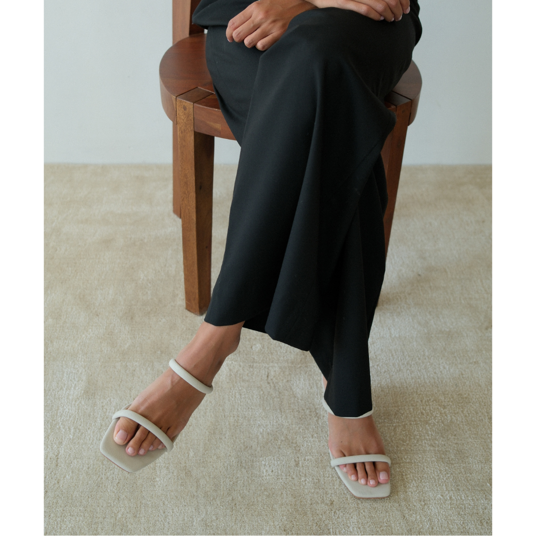 Jeanne Vegan Heeled Sandal – Beach by Matisse – Light beige double-strap sandal with low kitten heel and square toe.
