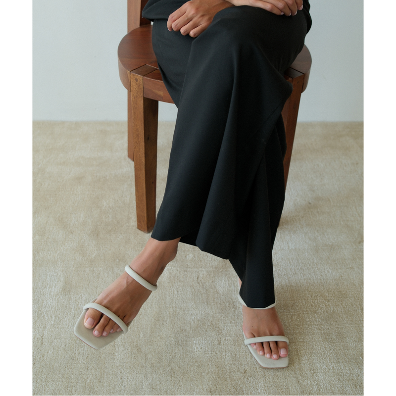 Jeanne Vegan Heeled Sandal – Beach by Matisse – Light beige double-strap sandal with low kitten heel and square toe.
