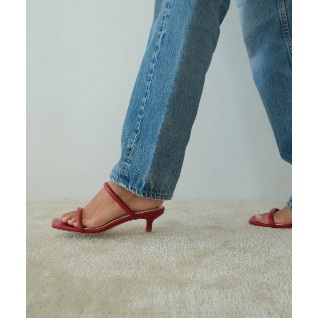 Jeanne Vegan Heeled Sandal – Beach by Matisse – Red double-strap sandal with low kitten heel and square toe.