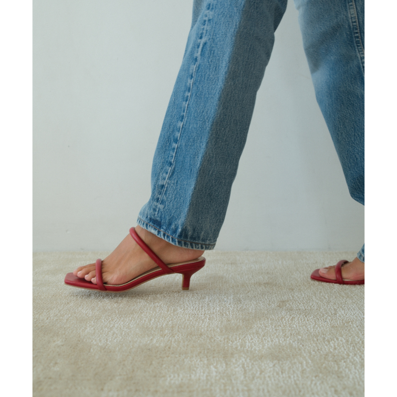 Jeanne Vegan Heeled Sandal – Beach by Matisse – Red double-strap sandal with low kitten heel and square toe.