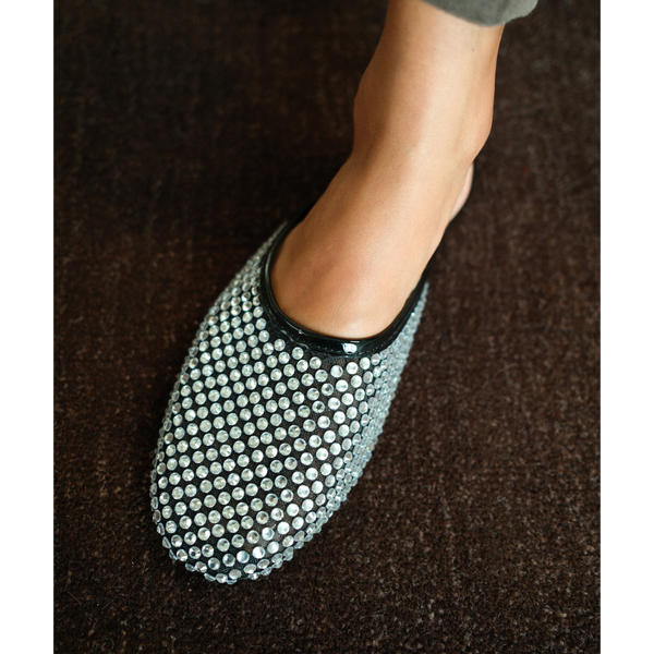 Karlie Vegan Embellished Mule – Coconuts by Matisse – Black mesh slip-on mule with allover crystal rhinestones and almond toe.