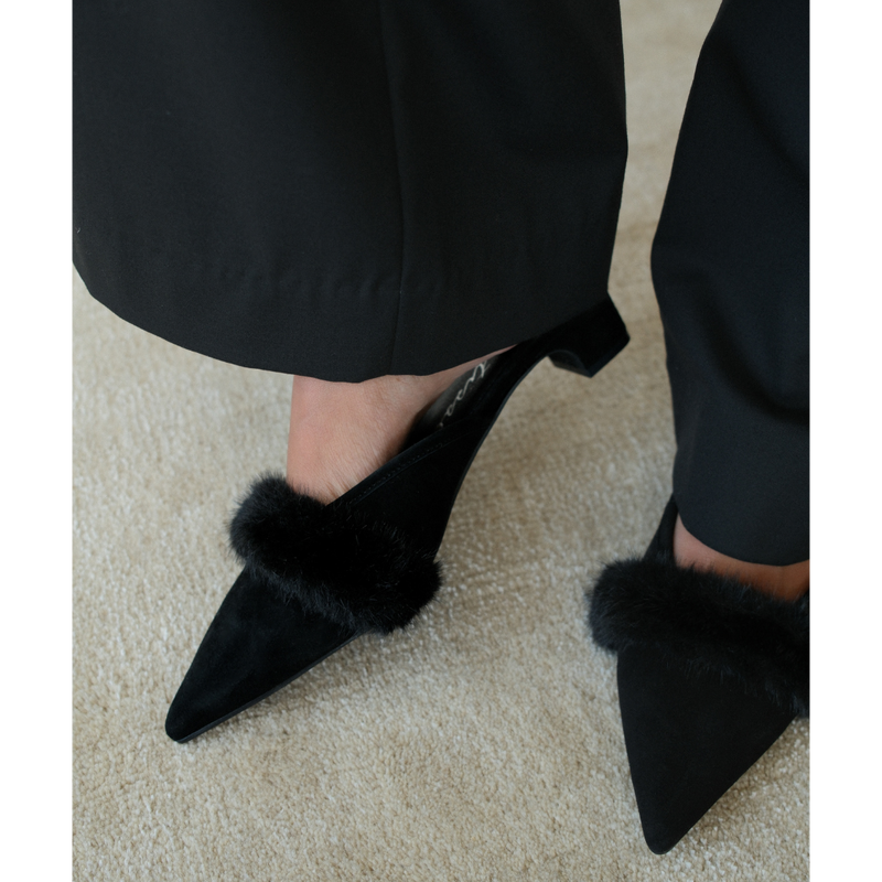 Kellan Heeled Mule – Matisse – Pointed-toe heeled mule with faux fur trim and low kitten heel in black suede.