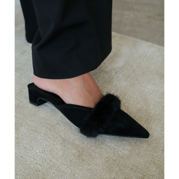 Kellan Heeled Mule – Matisse – Pointed-toe heeled mule with faux fur trim and low kitten heel in black suede.