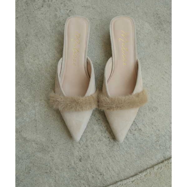 Kellan Heeled Mule – Matisse – Pointed-toe heeled mule with faux fur trim and low kitten heel in beige suede.