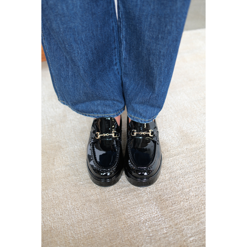 Kimbra Vegan Loafer – Coconuts by Matisse – Black patent platform loafer with gold horsebit hardware.