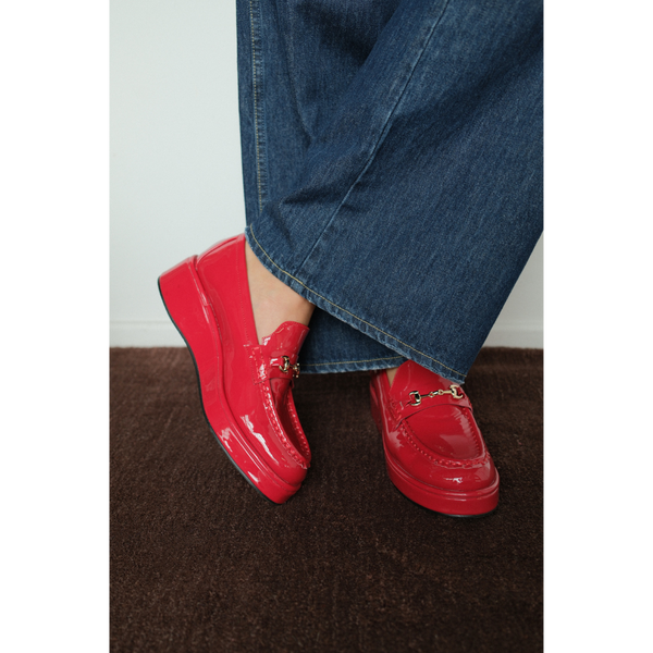 Kimbra Vegan Loafer – Coconuts by Matisse – Red patent platform loafer with gold horsebit hardware.