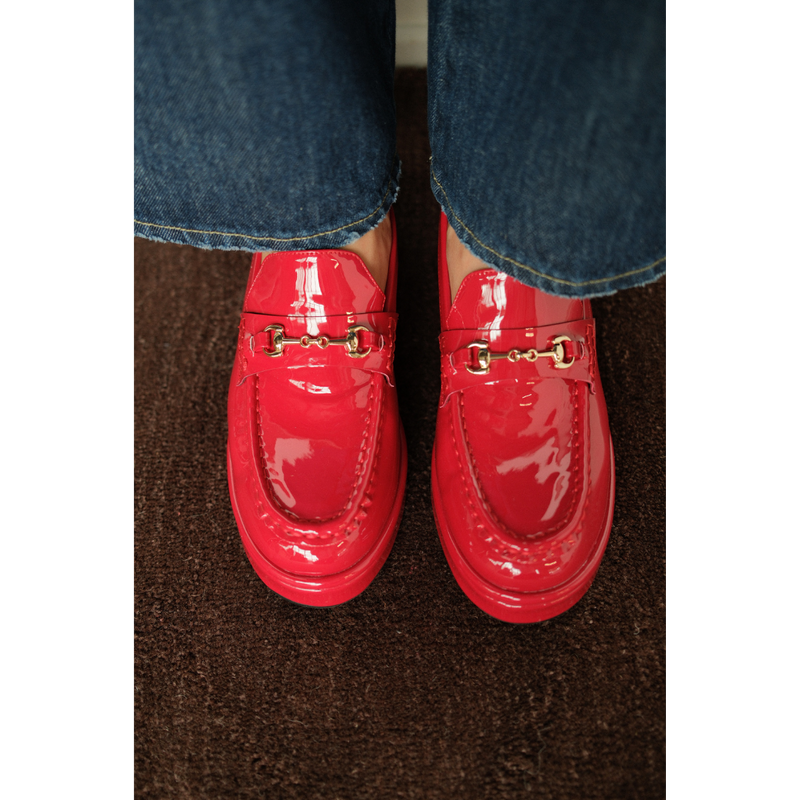 Kimbra Vegan Loafer – Coconuts by Matisse – Red patent platform loafer with gold horsebit hardware.