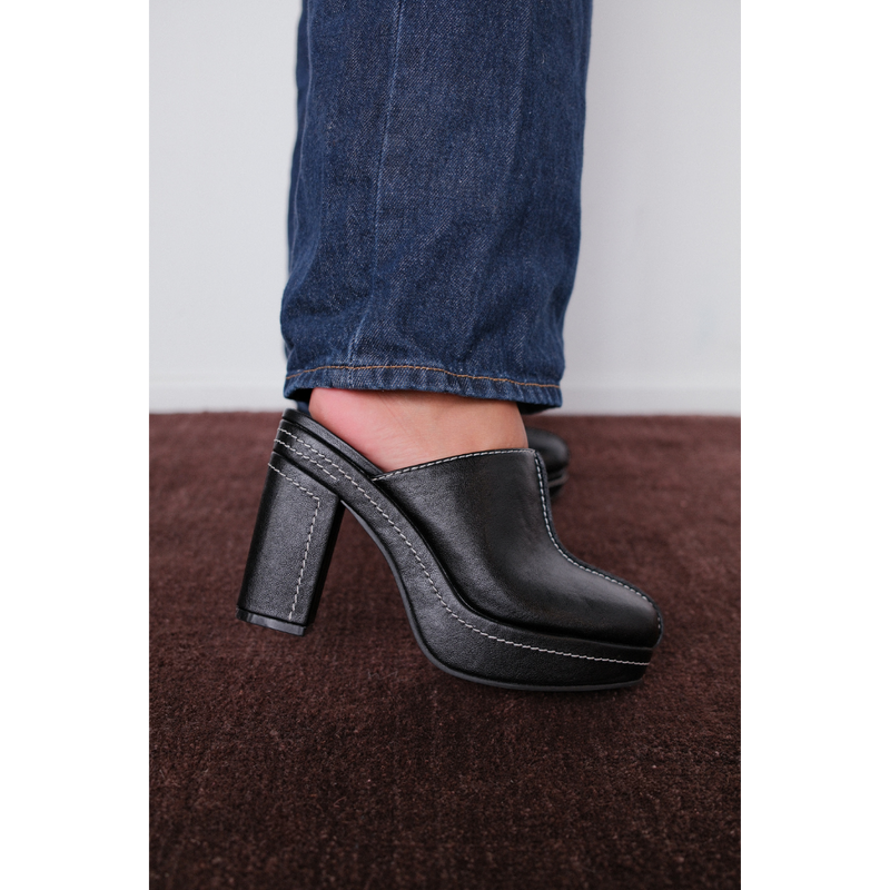 Krista Vegan Platform Mule – Coconuts by Matisse – Black faux leather platform mule with block heel and contrast stitching.