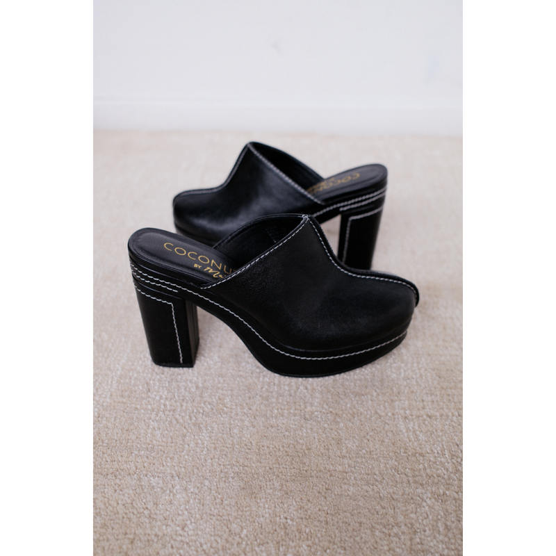 Krista Vegan Platform Mule – Coconuts by Matisse – Black faux leather platform mule with block heel and contrast stitching.
