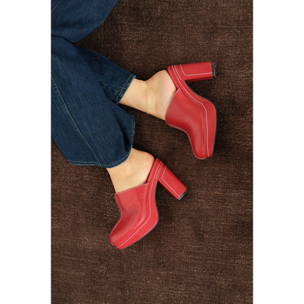 Krista Vegan Platform Mule – Coconuts by Matisse – Dark red faux leather platform mule with block heel and contrast stitching.