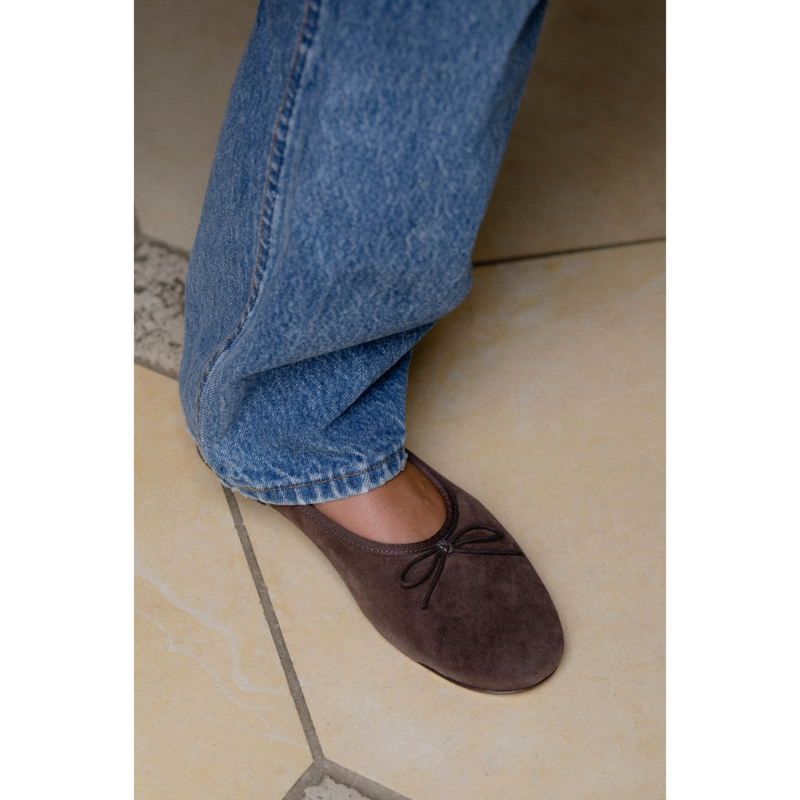 Marie Ballet Flat - Lenore by Matisse - Dark brown suede ballet flats with a classic round-toe silhouette, delicate bow detail, and padded leather insole. A timeless essential for effortless everyday elegance.