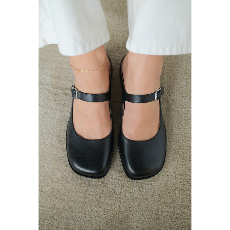 Merlin Mary Jane Mule – Matisse – Black leather Mary Jane mule with buckle strap and low block heel.