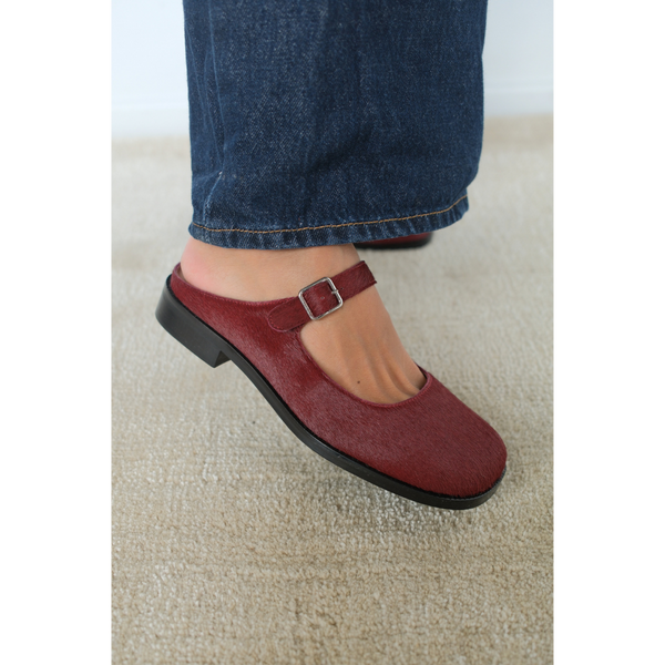 Merlin Mary Jane Mule – Matisse – Burgundy calf hair Mary Jane mule with buckle strap and low block heel.