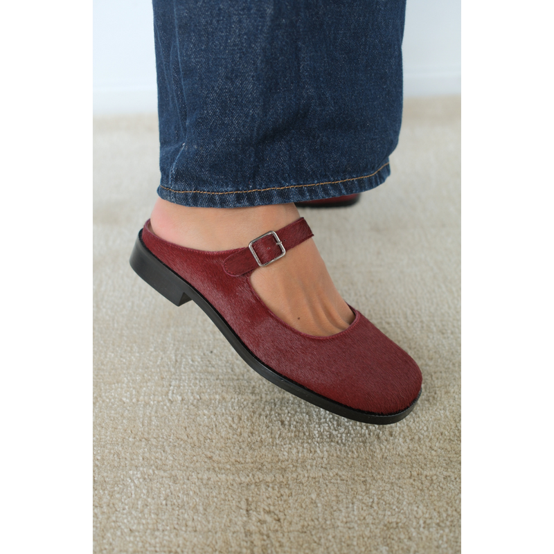 Merlin Mary Jane Mule – Matisse – Burgundy calf hair Mary Jane mule with buckle strap and low block heel.