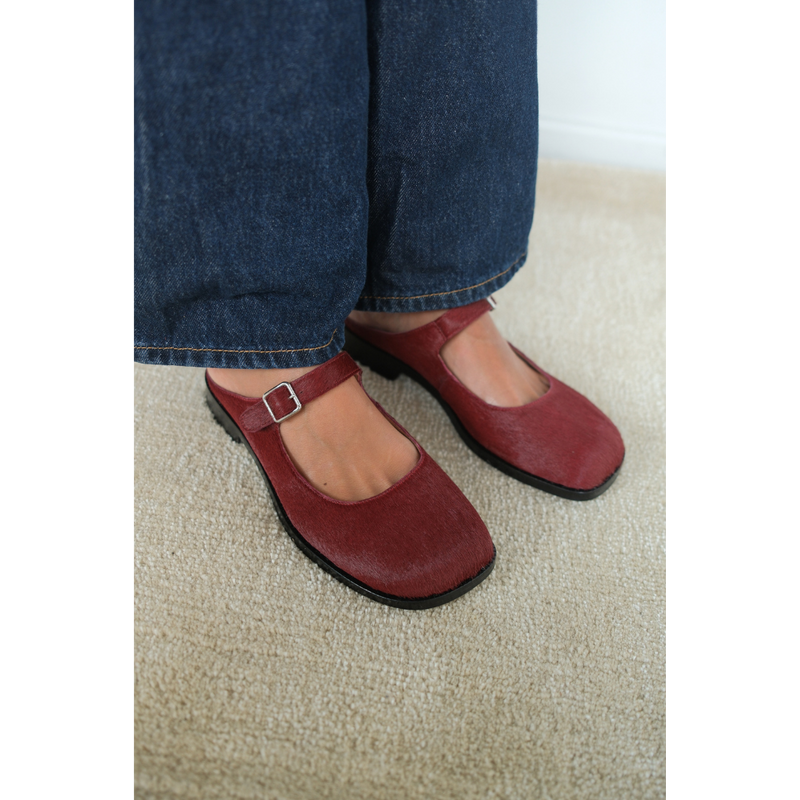 Merlin Mary Jane Mule – Matisse – Burgundy calf hair Mary Jane mule with buckle strap and low block heel.
