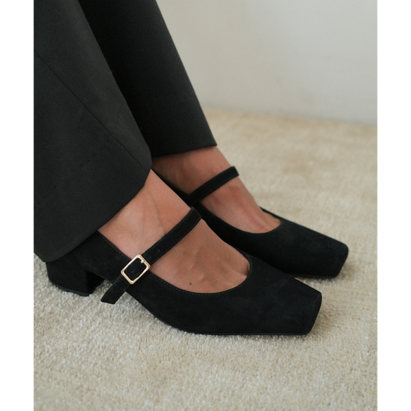 Mirabelle Mary Jane Heel - Matisse Footwear - Black suede Mary Jane heel with square toe and adjustable strap.