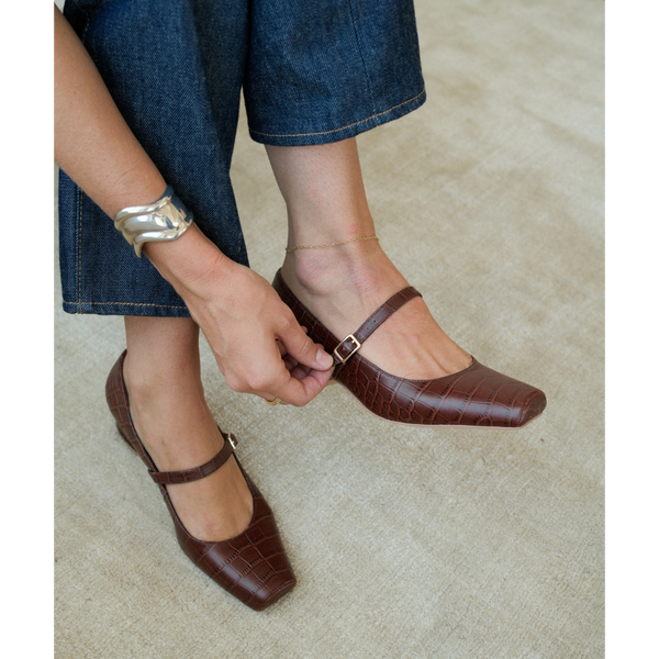 Mirabelle Mary Jane Heel - Matisse Footwear - Brown croc-embossed Mary Jane heel with square toe and adjustable strap.