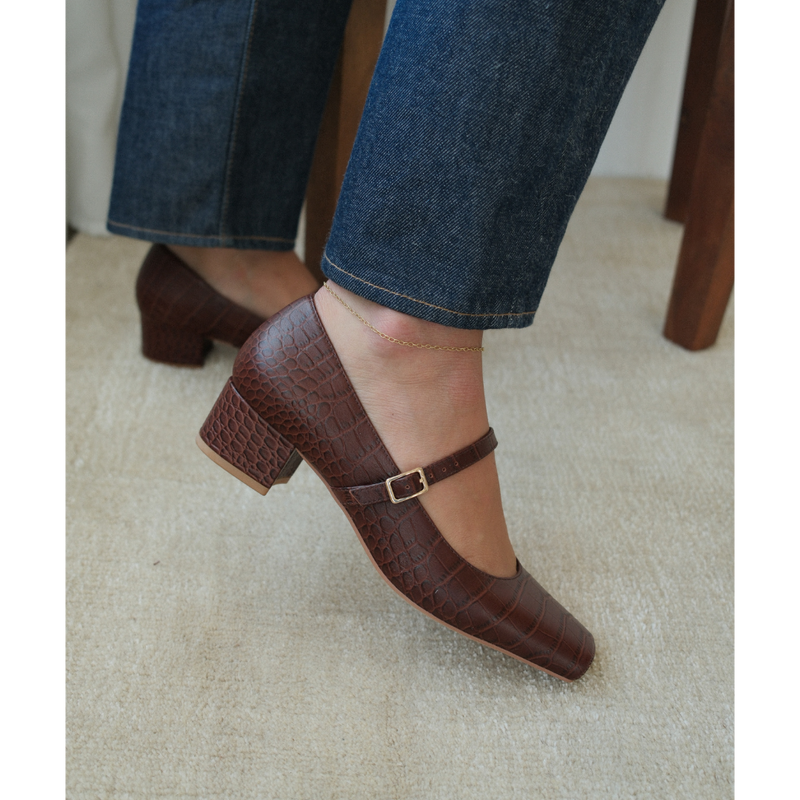 Mirabelle Mary Jane Heel - Matisse Footwear - Brown croc-embossed Mary Jane heel with square toe and adjustable strap.
