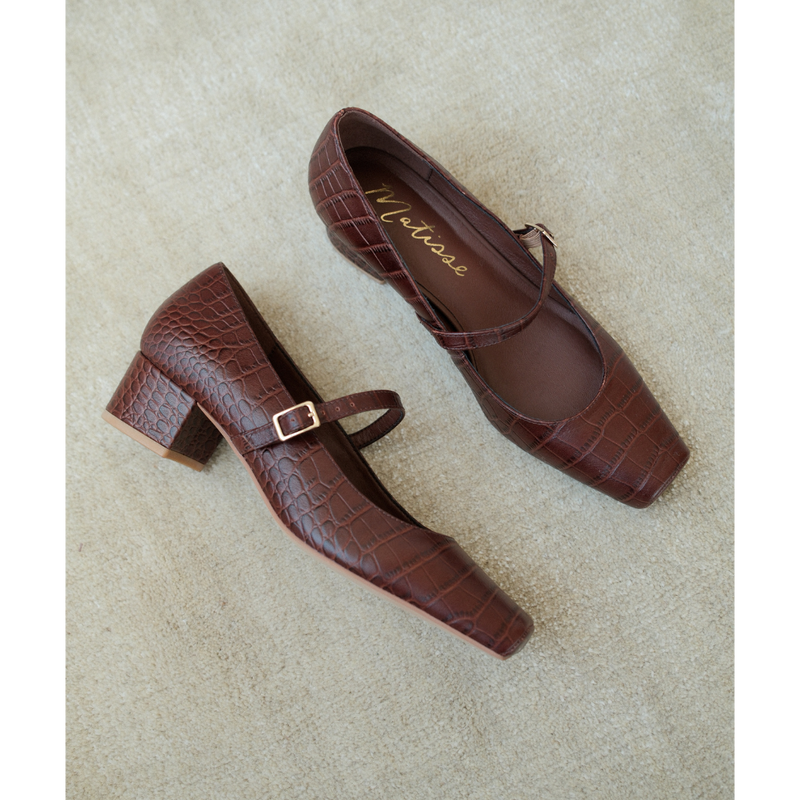 Mirabelle Mary Jane Heel - Matisse Footwear - Brown croc-embossed Mary Jane heel with square toe and adjustable strap.