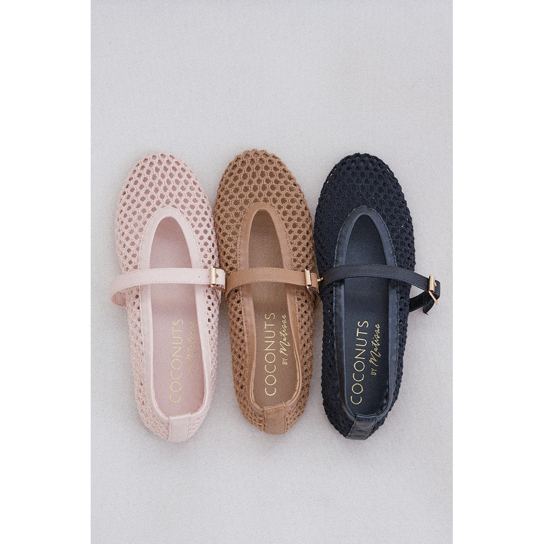 Three pairs of women's woven Nolita Ballet Flats in pink, tan, and black on a light gray background.