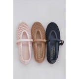 Three pairs of women's woven Nolita Ballet Flats in pink, tan, and black on a light gray background.