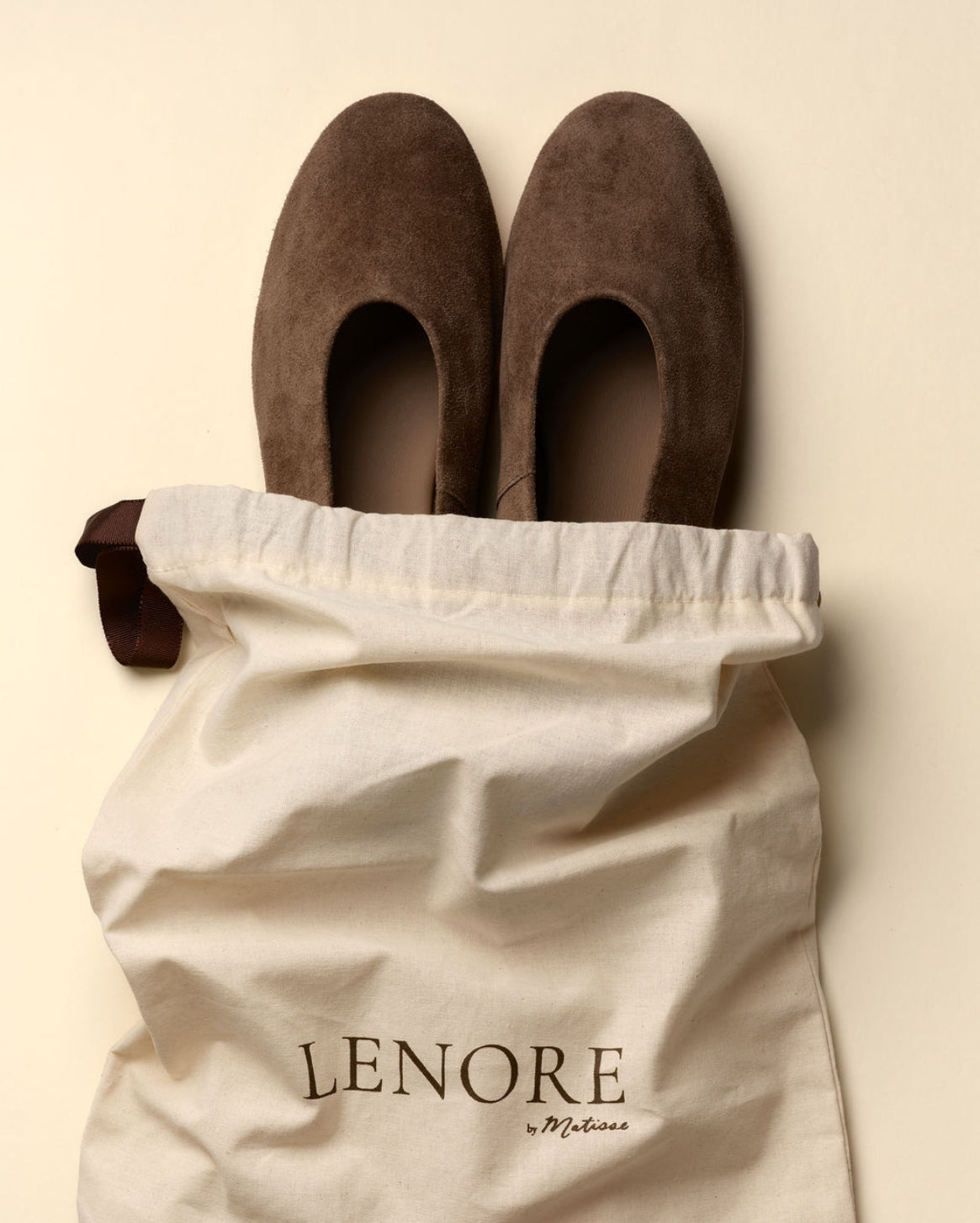A pair of dark brown suede slip-on shoes resting on top of a cream-colored dust bag with the brand name 'LENORE' printed on it, set against a solid light beige background.