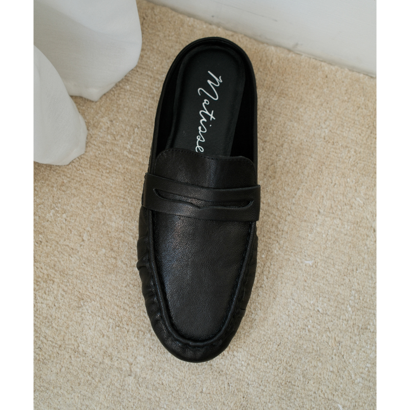 Porta Penny Loafer Mule – Matisse Footwear – Black slip-on loafer with classic penny strap and moc toe stitching.