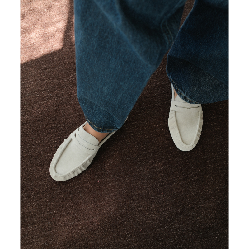 Porta Penny Loafer Mule – Matisse Footwear – Light grey slip-on loafer with classic penny strap and moc toe stitching.