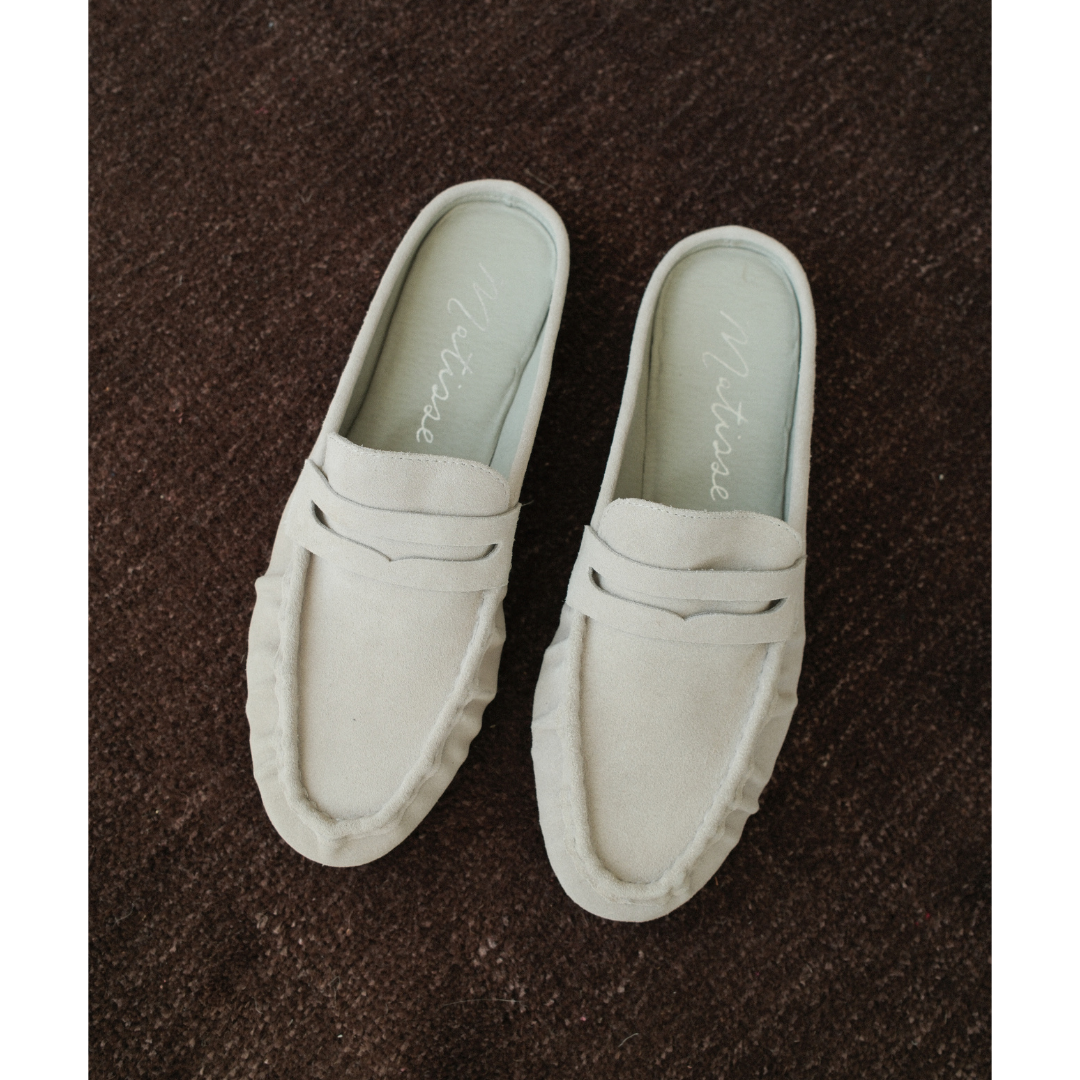 Porta Penny Loafer Mule – Matisse Footwear – Light grey slip-on loafer with classic penny strap and moc toe stitching.