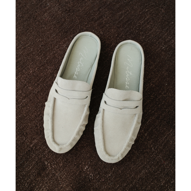 Porta Penny Loafer Mule – Matisse Footwear – Light grey slip-on loafer with classic penny strap and moc toe stitching.