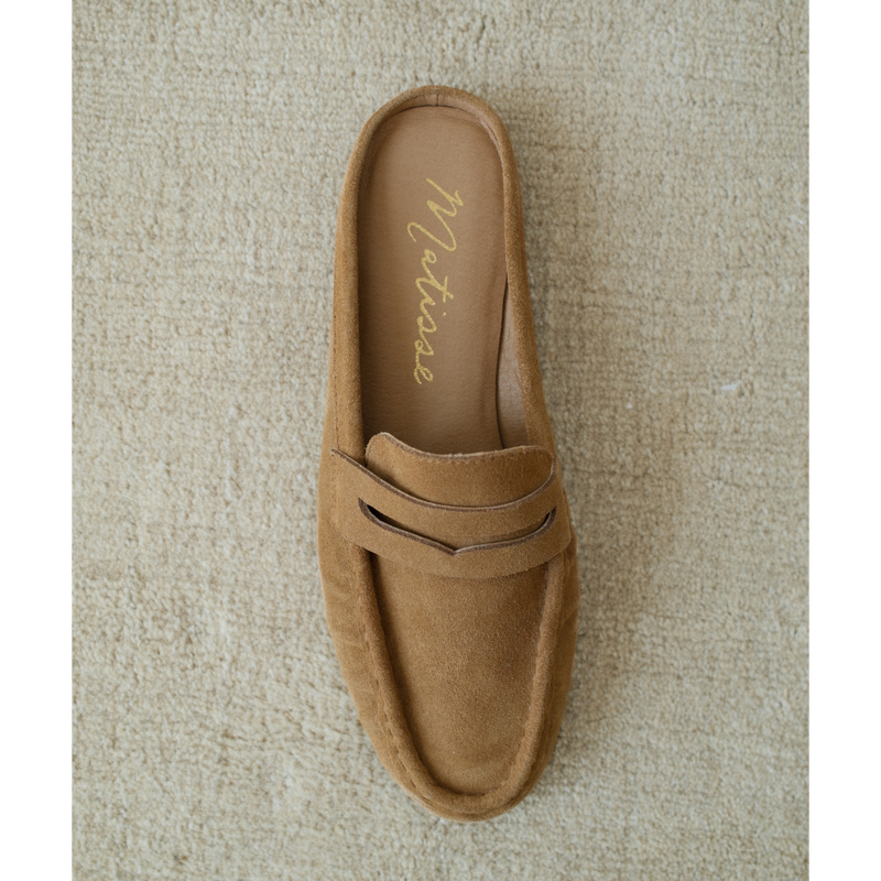 Porta Penny Loafer Mule – Matisse Footwear – Tan slip-on loafer with classic penny strap and moc toe stitching.