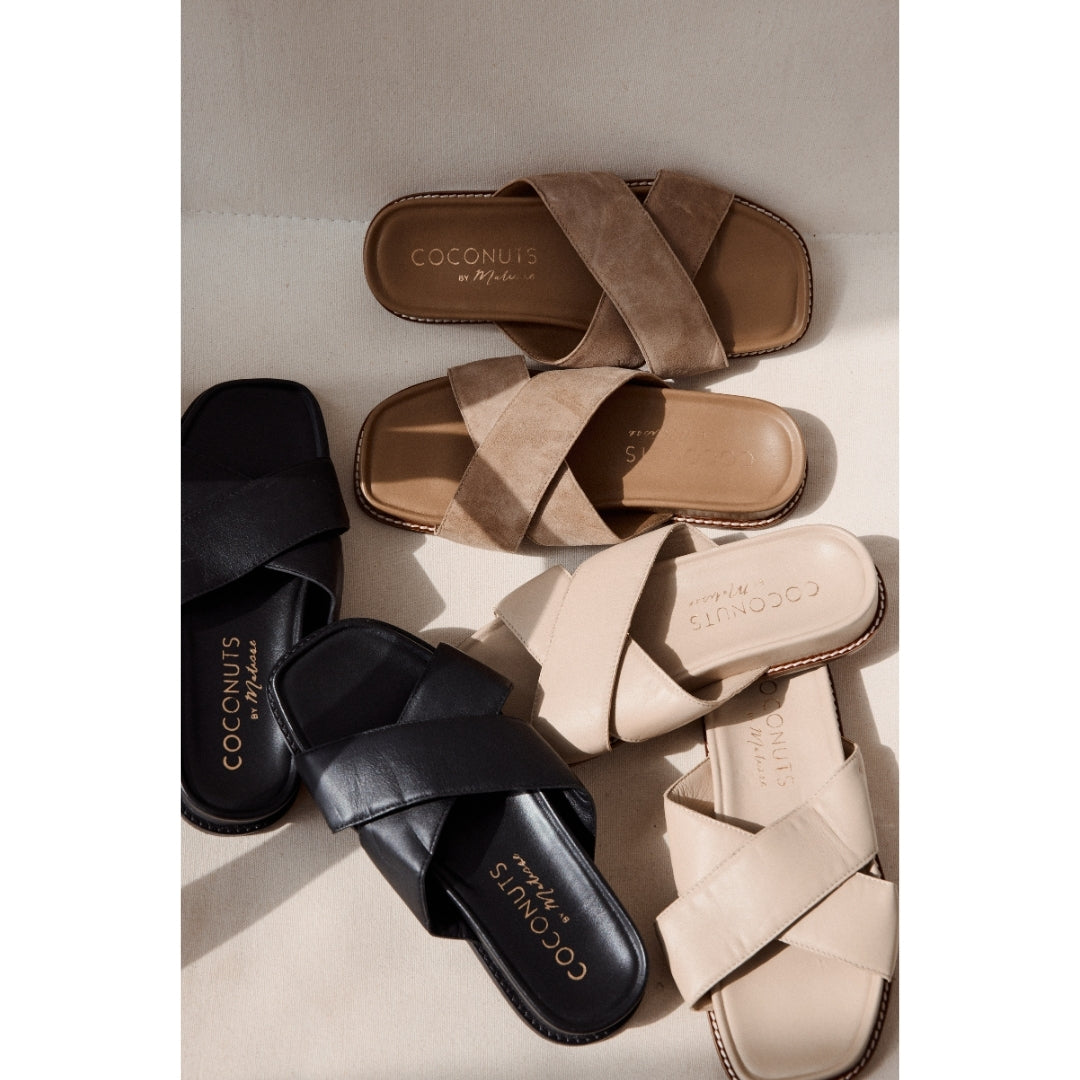Three pairs of sandals in black, brown, and beige on a light background with 'Coconuts by Matisse' branding.