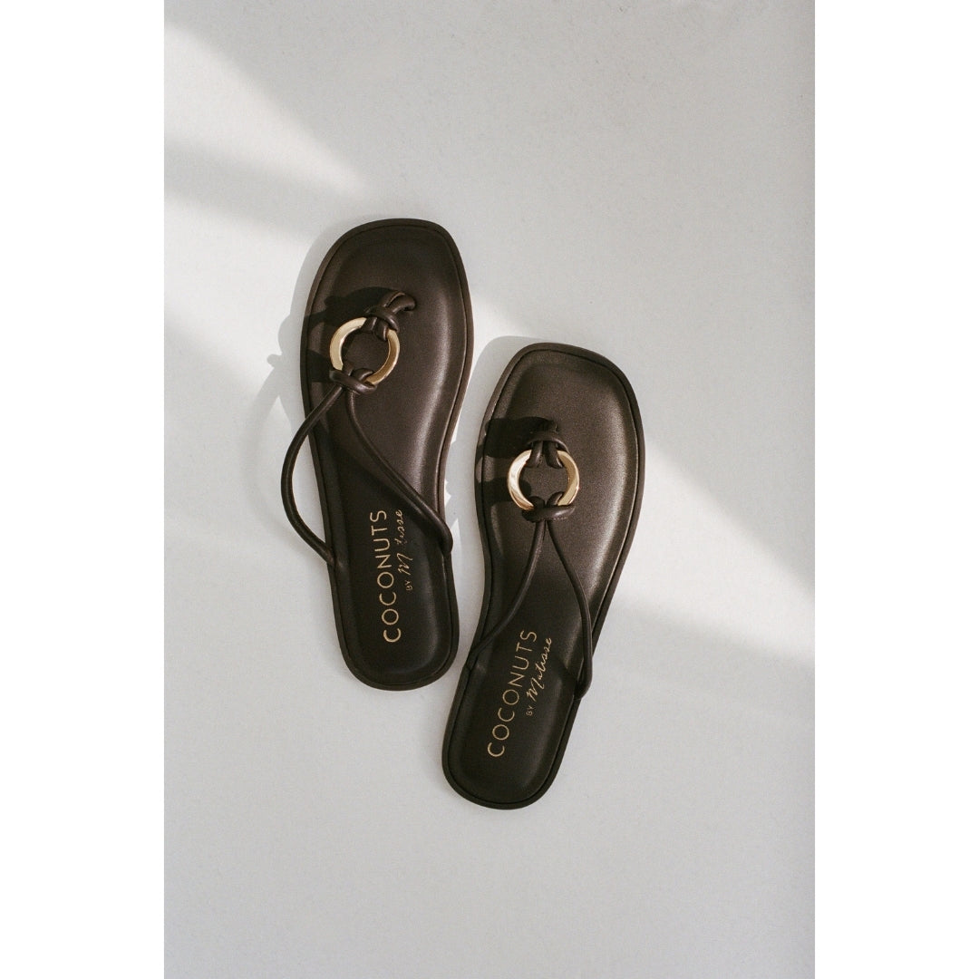 Pair of dark brown sandals with gold accents and 'Coconuts by Matisse' branding on a light gray background.