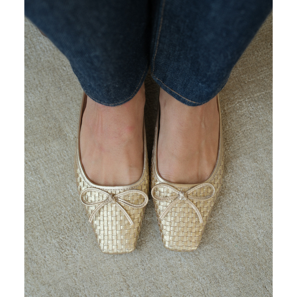 Remy Ballet Mule – Matisse – Woven metallic gold leather flat mule with square toe and bow detail.