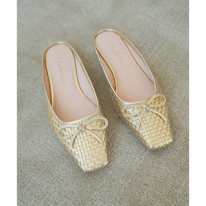 Remy Ballet Mule – Matisse – Woven metallic gold leather flat mule with square toe and bow detail.