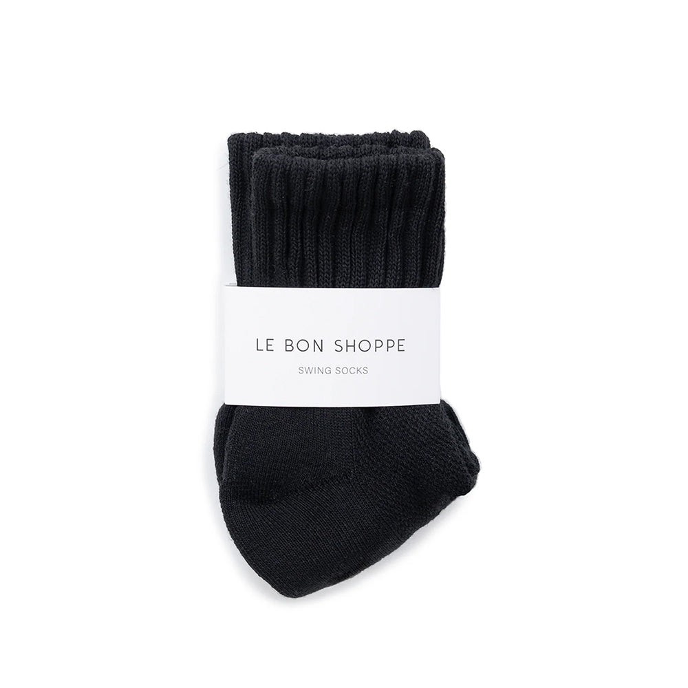 Le Bon Shoppe Swing Socks - Matisse – Black ankle socks with ribbed crew design, light blue logo, and contrast trim