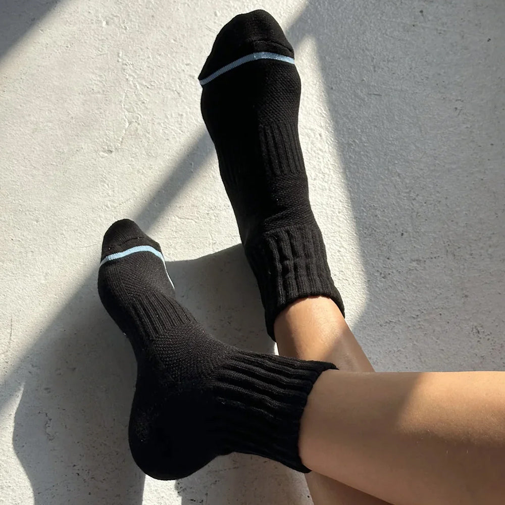 Le Bon Shoppe Swing Socks - Matisse – Black ankle socks with ribbed crew design, light blue logo, and contrast trim