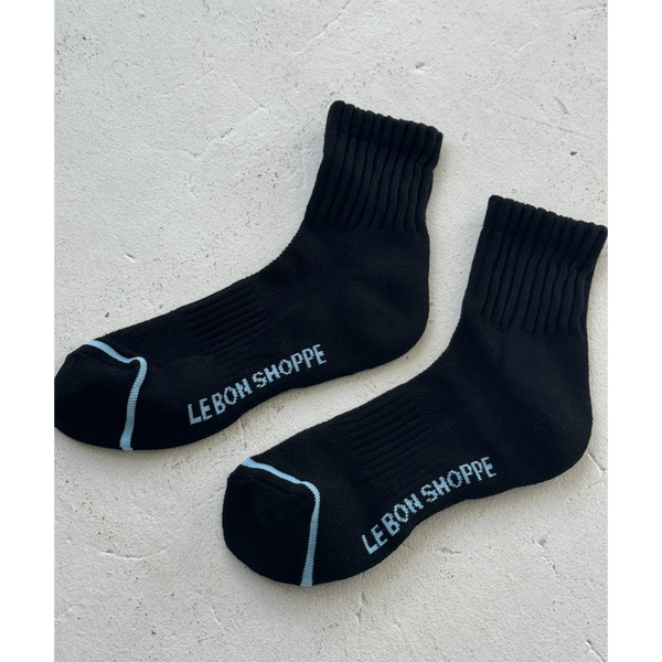 Le Bon Shoppe Swing Socks - Matisse – Black ankle socks with ribbed crew design, light blue logo, and contrast trim