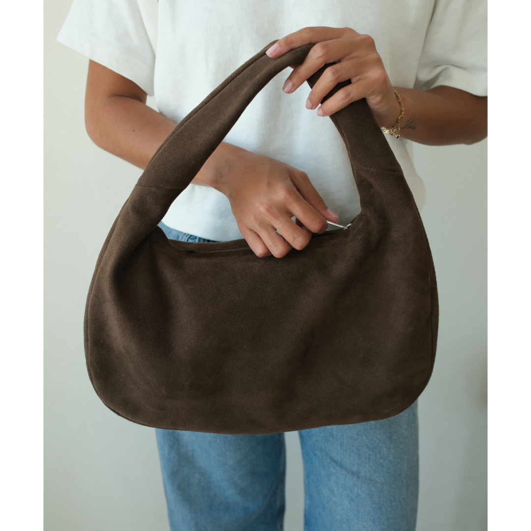 Toronto Shoulder Bag – Matisse – Slouchy dark brown suede shoulder bag with wide strap and curved silhouette.