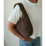 Toronto Shoulder Bag – Matisse – Slouchy dark brown suede shoulder bag with wide strap and curved silhouette.