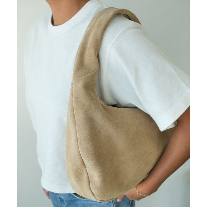 Toronto Shoulder Bag – Matisse – Slouchy camel suede shoulder bag with wide strap and curved silhouette.