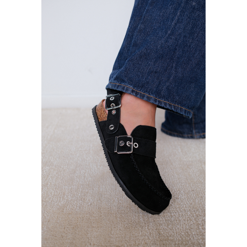Tyler Vegan Slingback Clog – Coconuts by Matisse – Black faux suede moc-toe clog with double buckles and faux cork footbed.